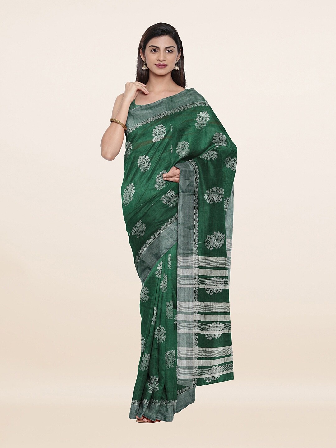

Pothys Green & Silver-Toned Ethnic Motifs Zari Jute Silk Saree