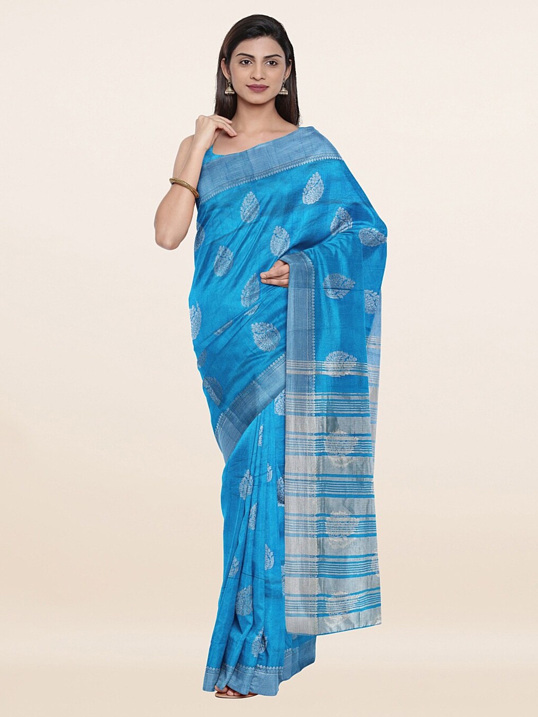 

Pothys Blue Ethnic Motifs Zari Jute Silk Saree