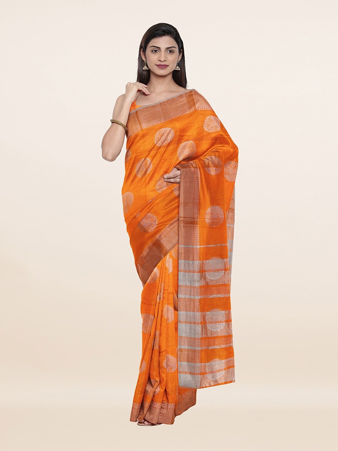 

Pothys Orange & Silver-Toned Ethnic Motifs Zari Jute Silk Saree
