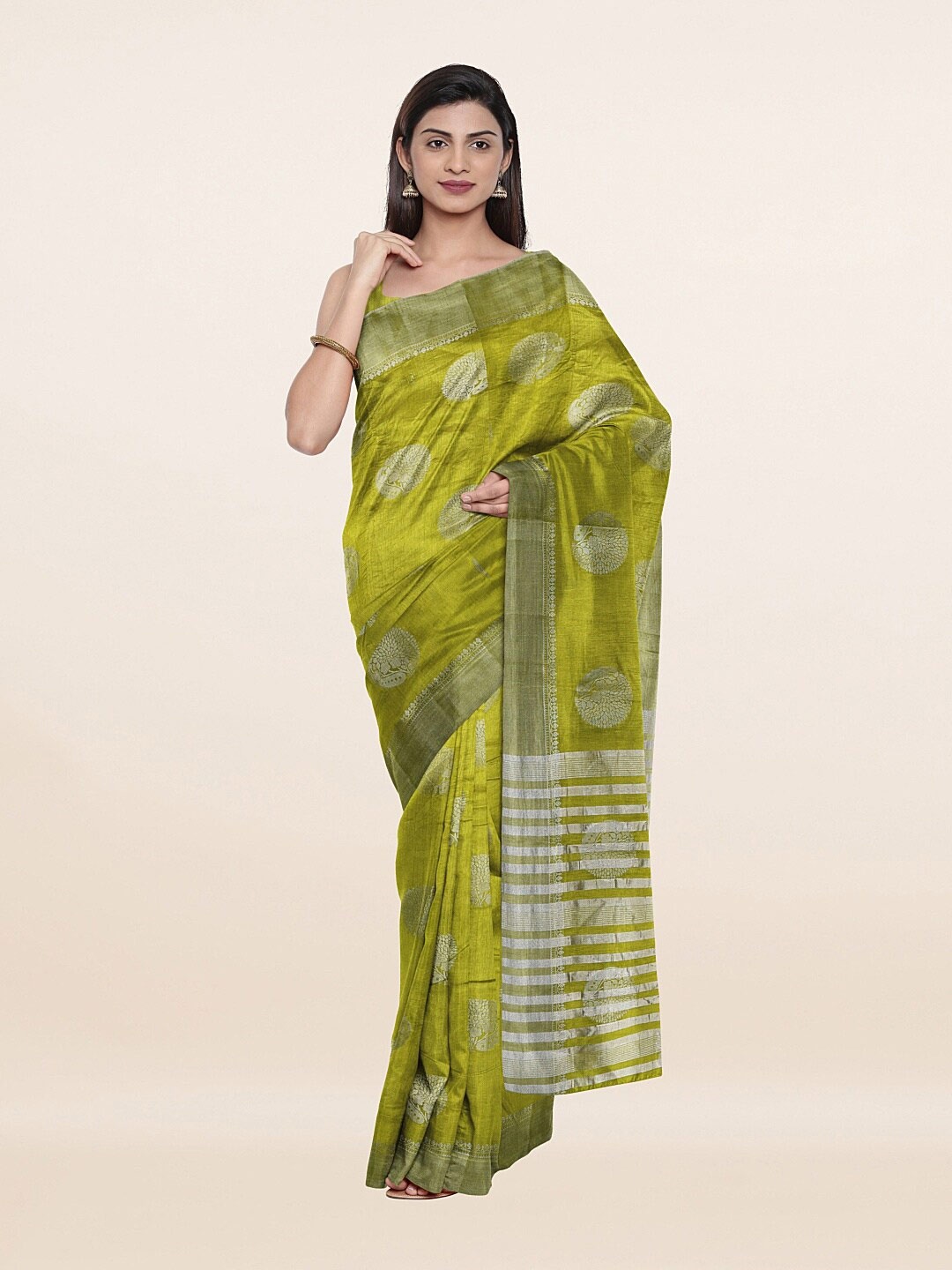 

Pothys Green & Silver-Toned Woven Design Zari Jute Silk Saree