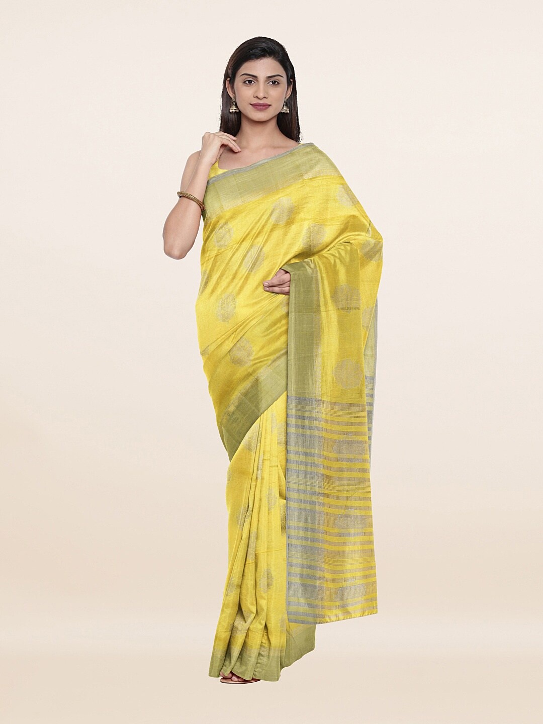 

Pothys Yellow & Silver-Toned Floral Zari Jute Silk Saree