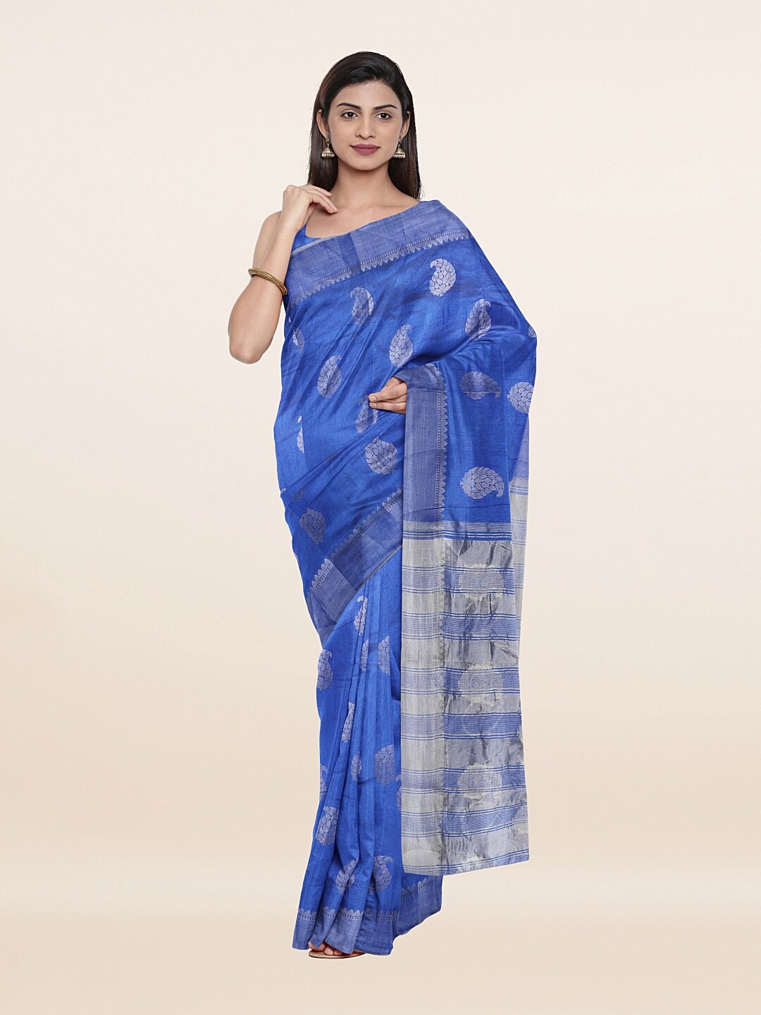 

Pothys Blue & Silver-Toned Woven Design Zari Jute Silk Saree