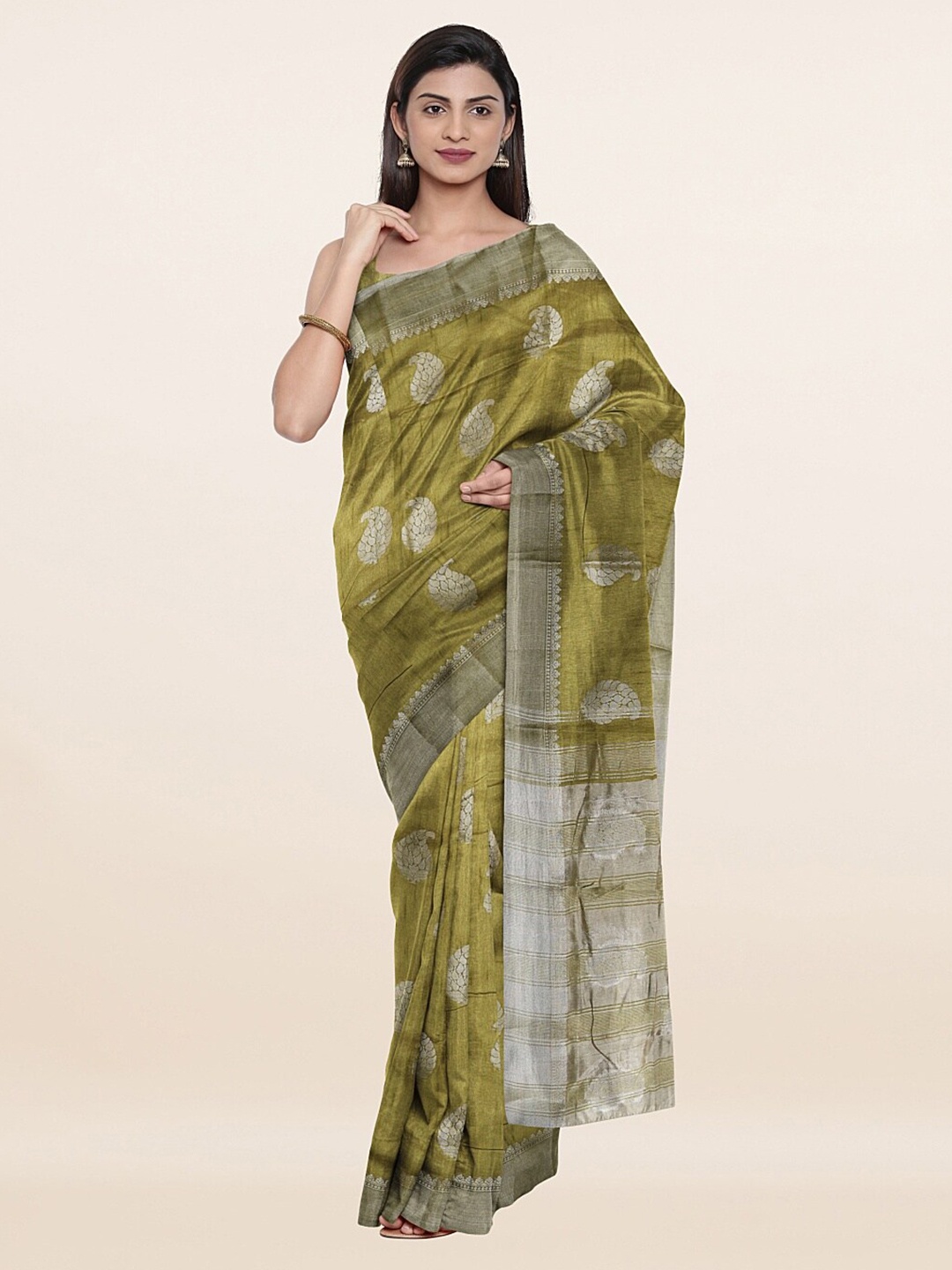 

Pothys Olive Green & Silver Ethnic Motifs Zari Jute Silk Saree