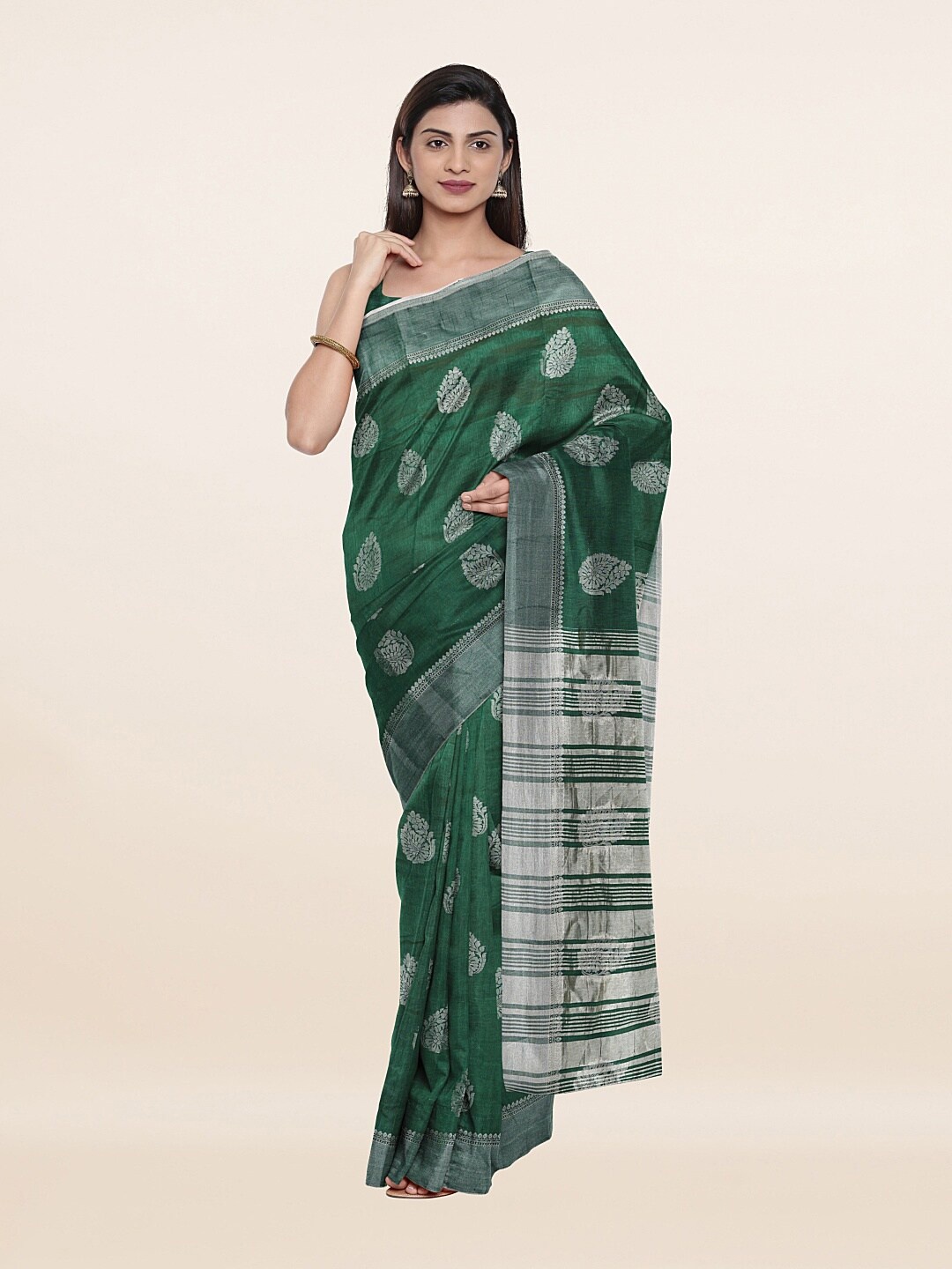 

Pothys Green & Silver-Toned Woven Design Zari Jute Silk Saree