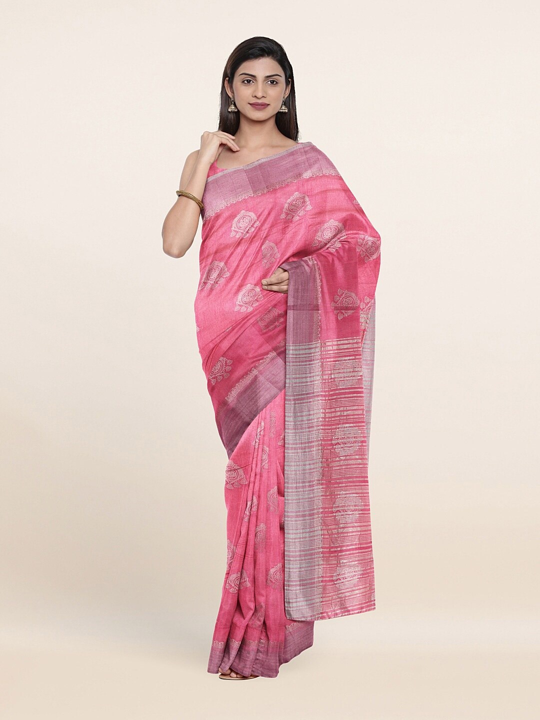

Pothys Pink & Silver-Toned Floral Woven Design Zari Jute Silk Saree