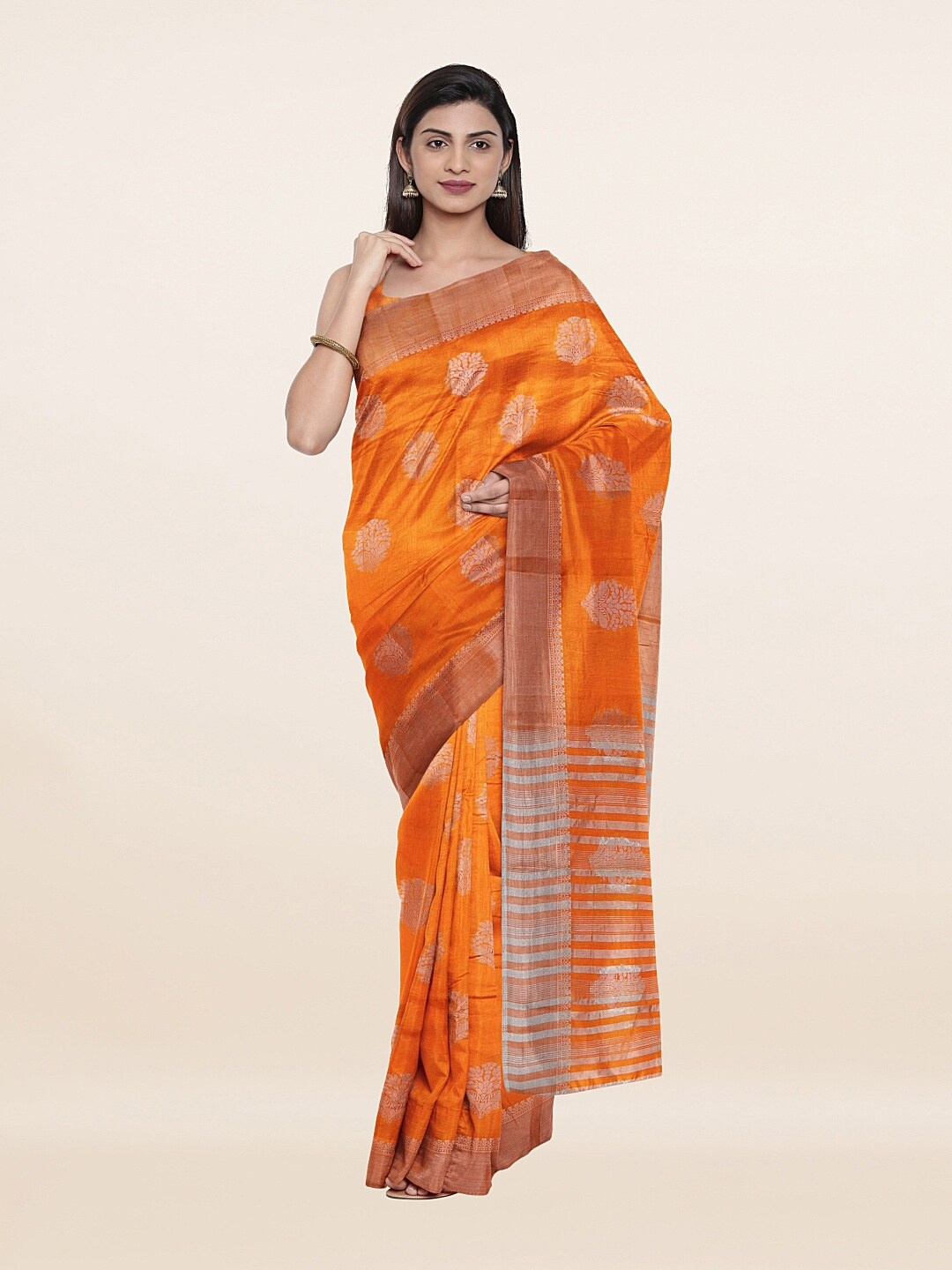 

Pothys Orange & Silver-Toned Woven Design Jute Silk Saree