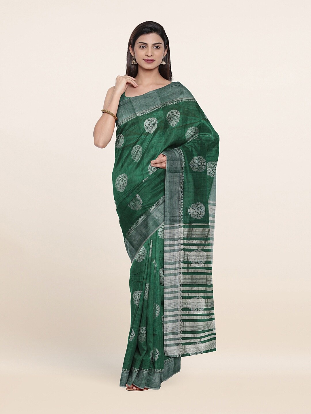 

Pothys Green & Silver-Toned Ethnic Motifs Zari Jute Silk Saree
