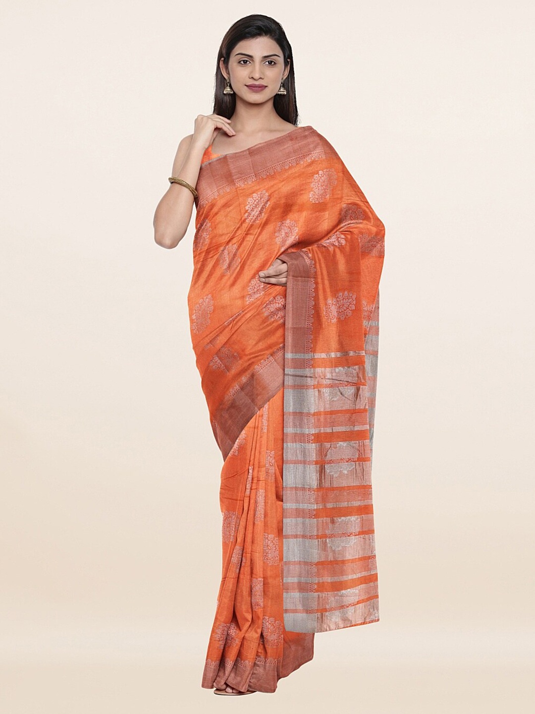 

Pothys Orange & Silver-Toned Ethnic Motifs Zari Jute Silk Saree