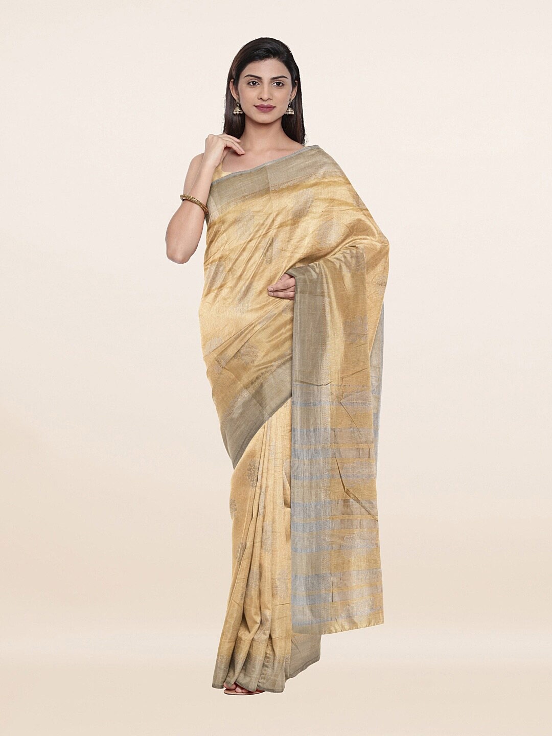 

Pothys Cream-Coloured & Silver-Toned Woven Design Zari Jute Silk Saree