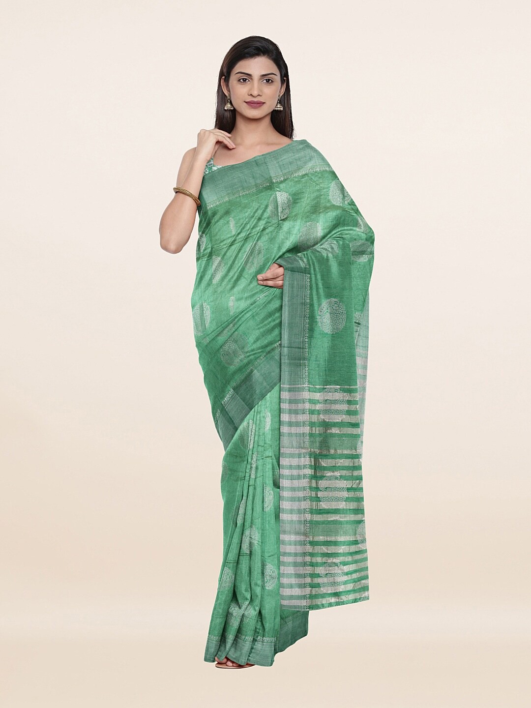

Pothys Green & Silver-Toned Woven Design Zari Jute Silk Saree