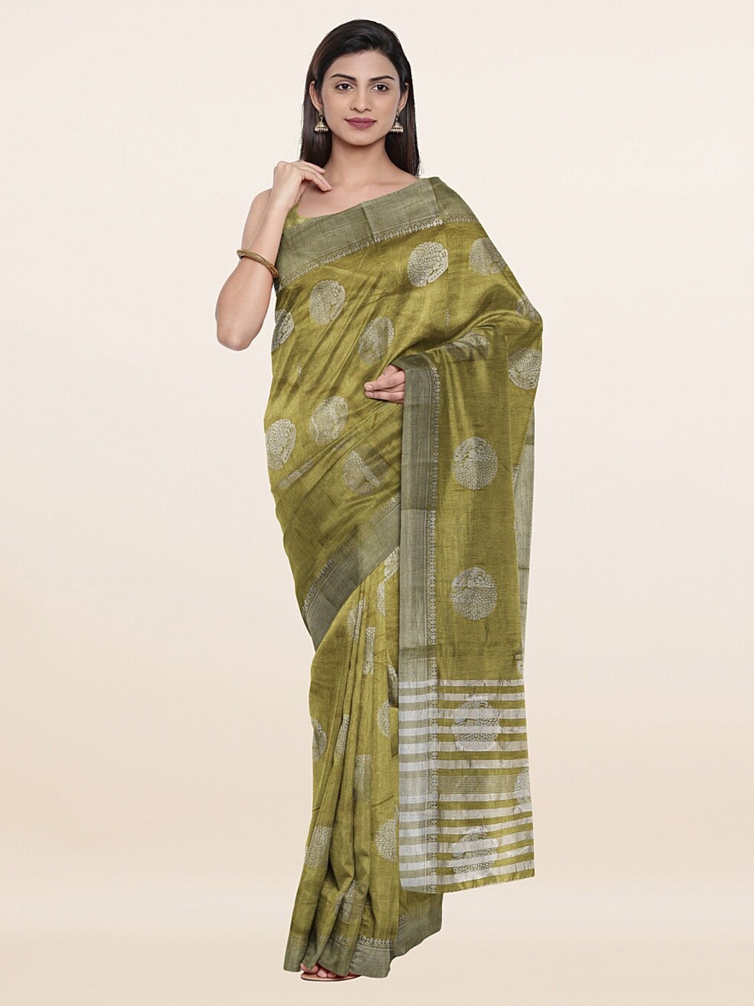 

Pothys Green & Silver-Toned Woven Design Jute Silk Saree