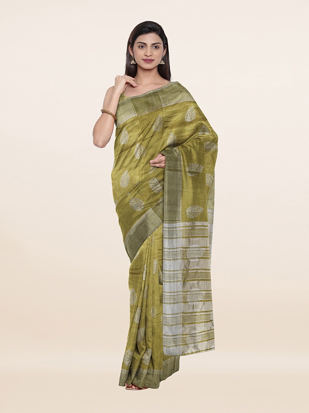 

Pothys Green & Silver-Toned Floral Woven Design Zari Jute Silk Saree