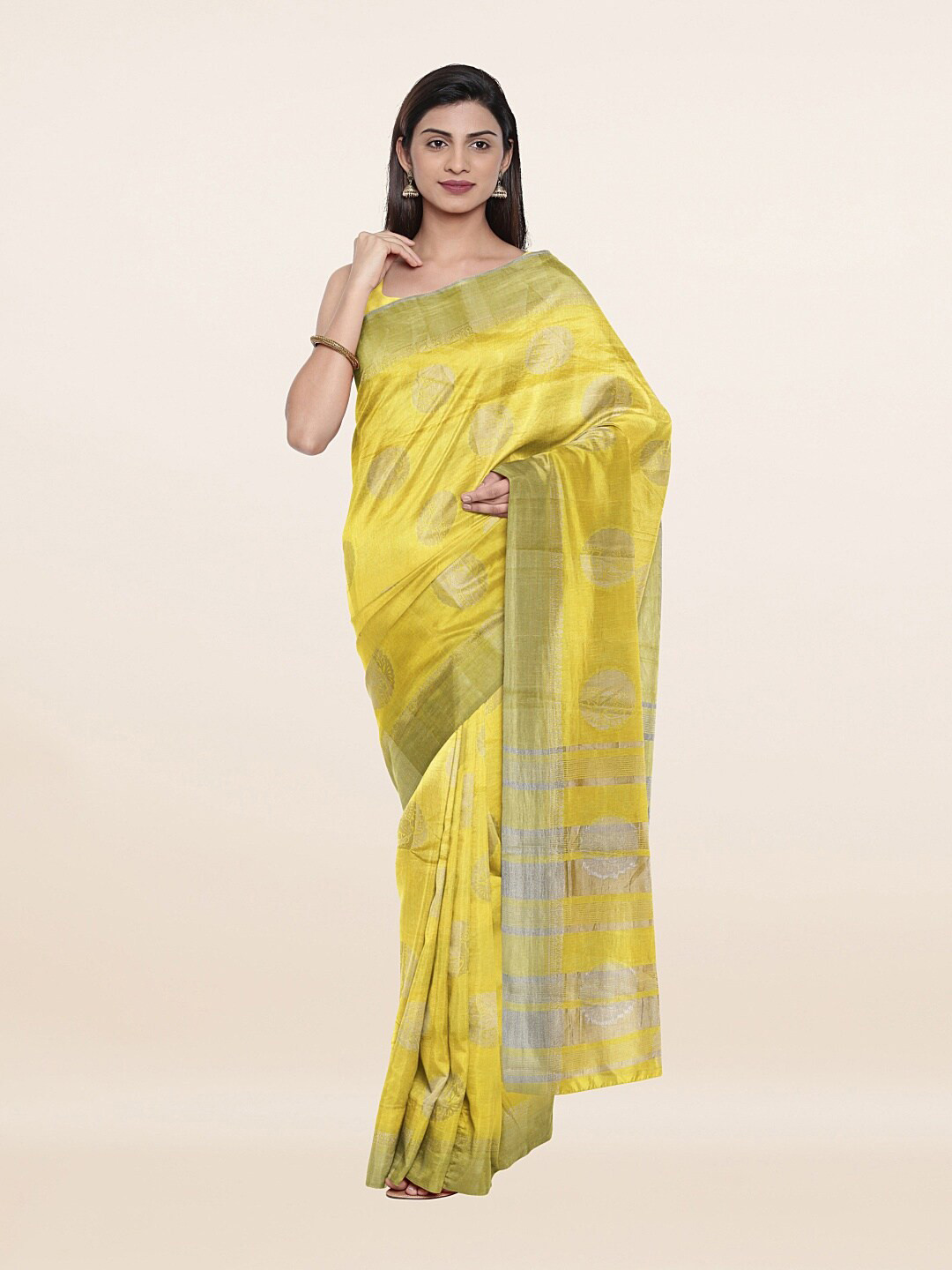 

Pothys Yellow & Silver-Toned Ethnic Motifs Zari Jute Silk Saree