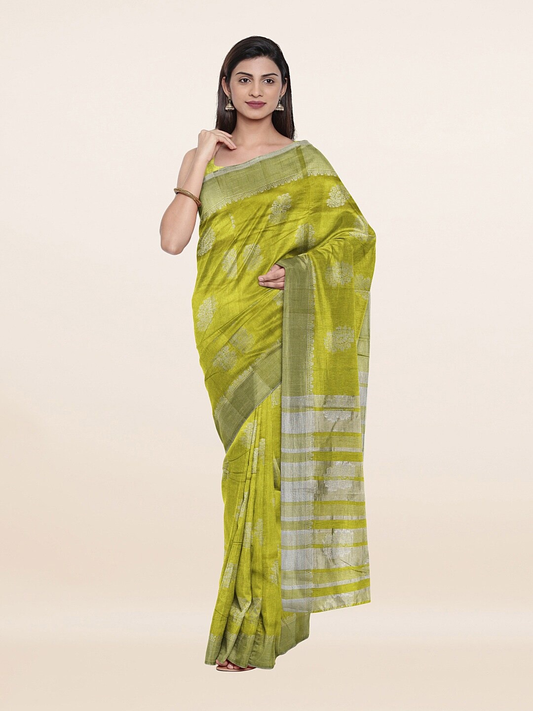 

Pothys Green & Silver-Toned Woven Design Zari Jute Silk Saree