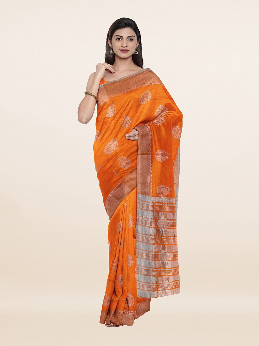 

Pothys Orange & Green Floral Zari Jute Silk Saree