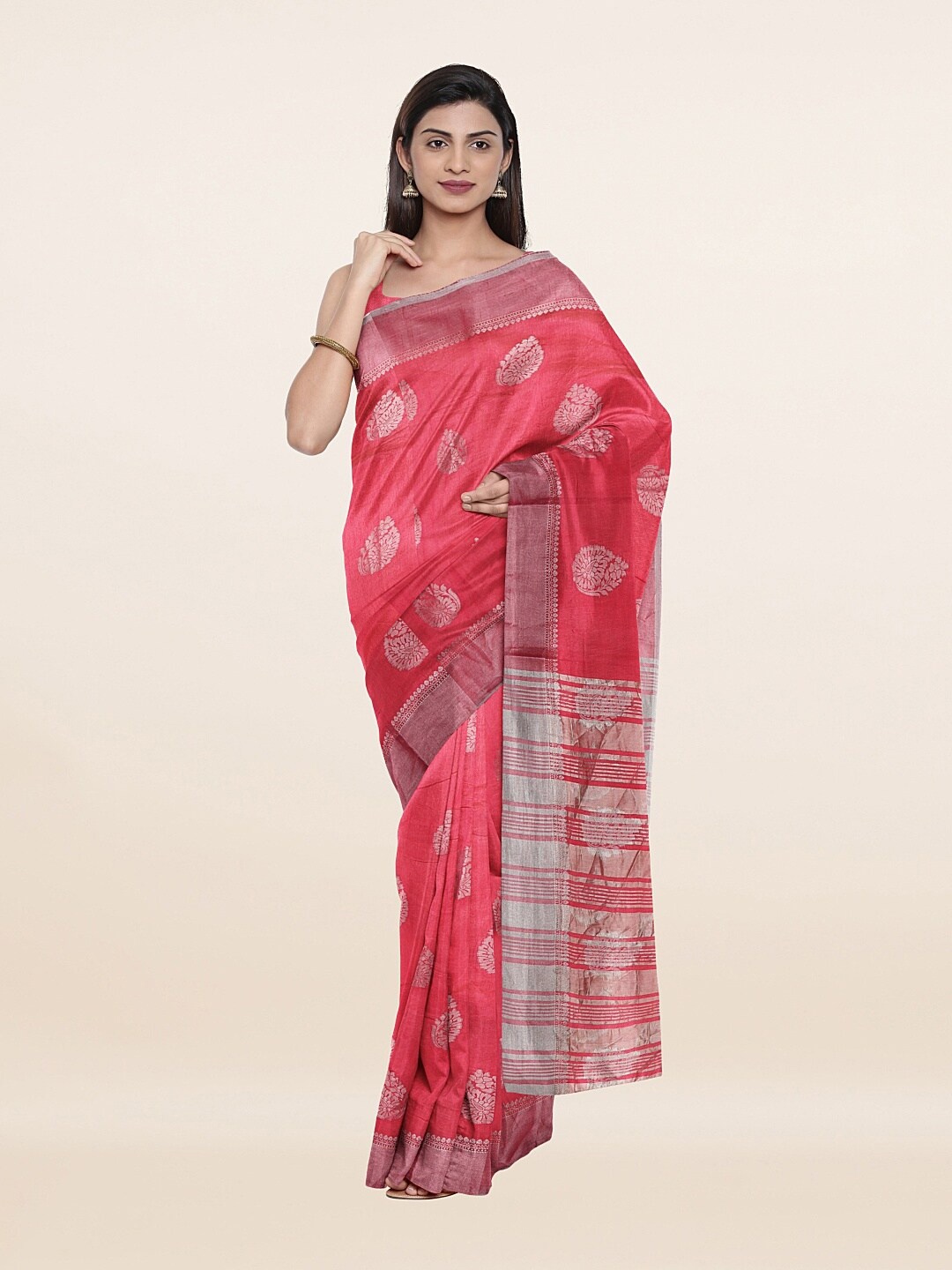 

Pothys Pink & Silver-Toned Woven Design Zari Jute Silk Saree