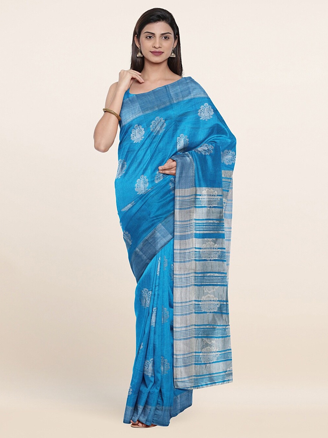 

Pothys Blue & Silver Ethnic Motifs Zari Jute Silk Saree