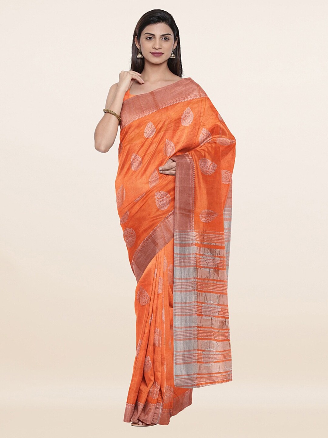 

Pothys Orange & Silver Ethnic Motifs Zari Jute Silk Saree