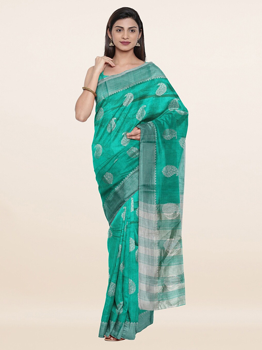 

Pothys Green & Silver-Toned Woven Design Zari Jute Silk Saree