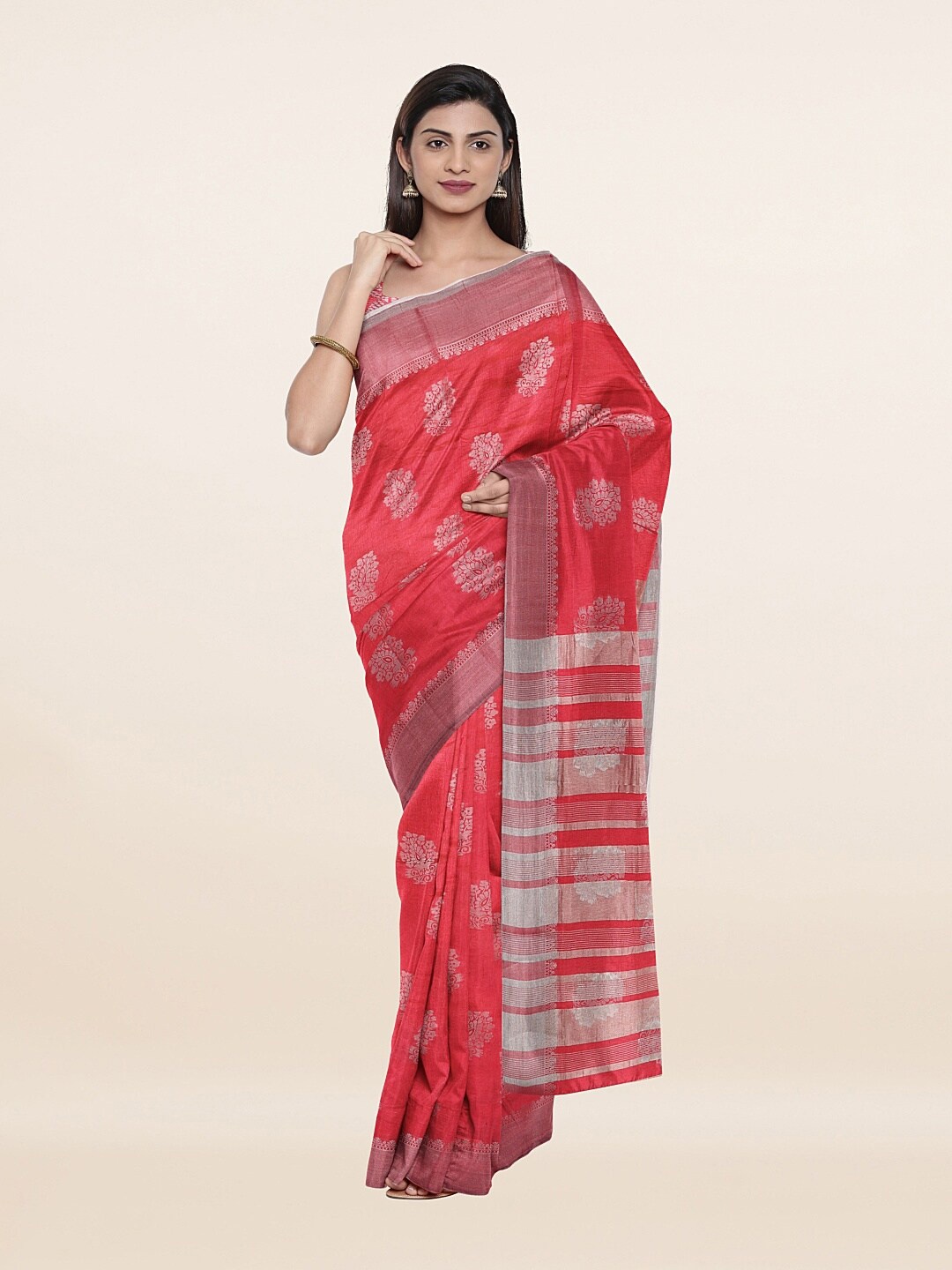 

Pothys Pink Ethnic Motifs Zari Jute Silk Saree
