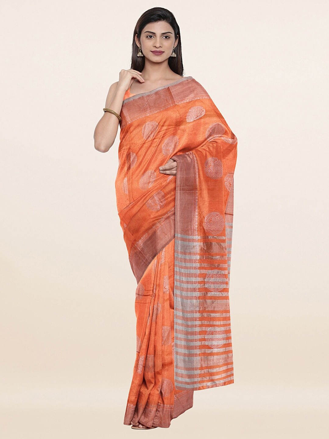

Pothys Peach-Coloured & Silver-Toned Ethnic Motifs Zari Jute Silk Saree