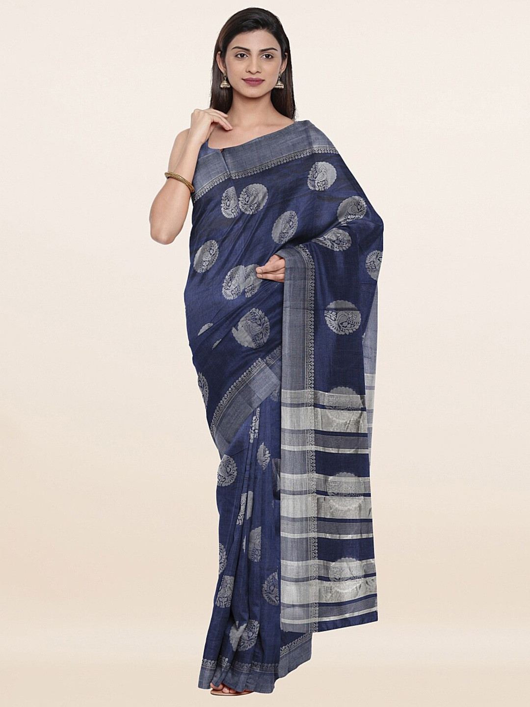 

Pothys Blue & Silver-Toned Woven Design Zari Jute Silk Saree