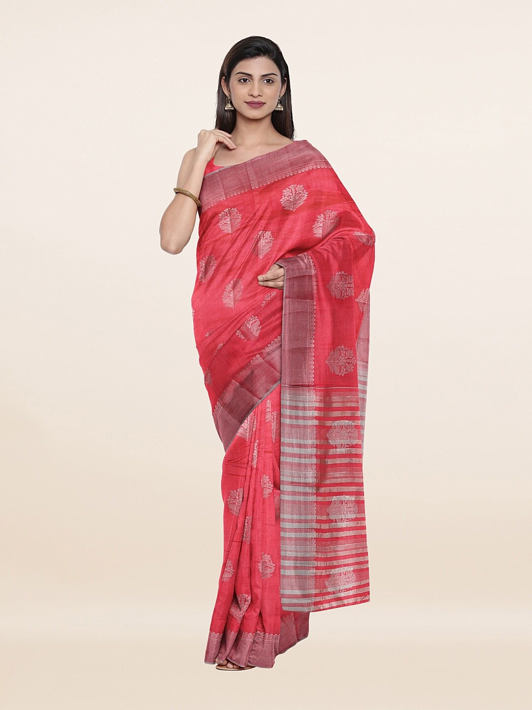 

Pothys Rose & Silver-Toned Floral Zari Jute Silk Saree