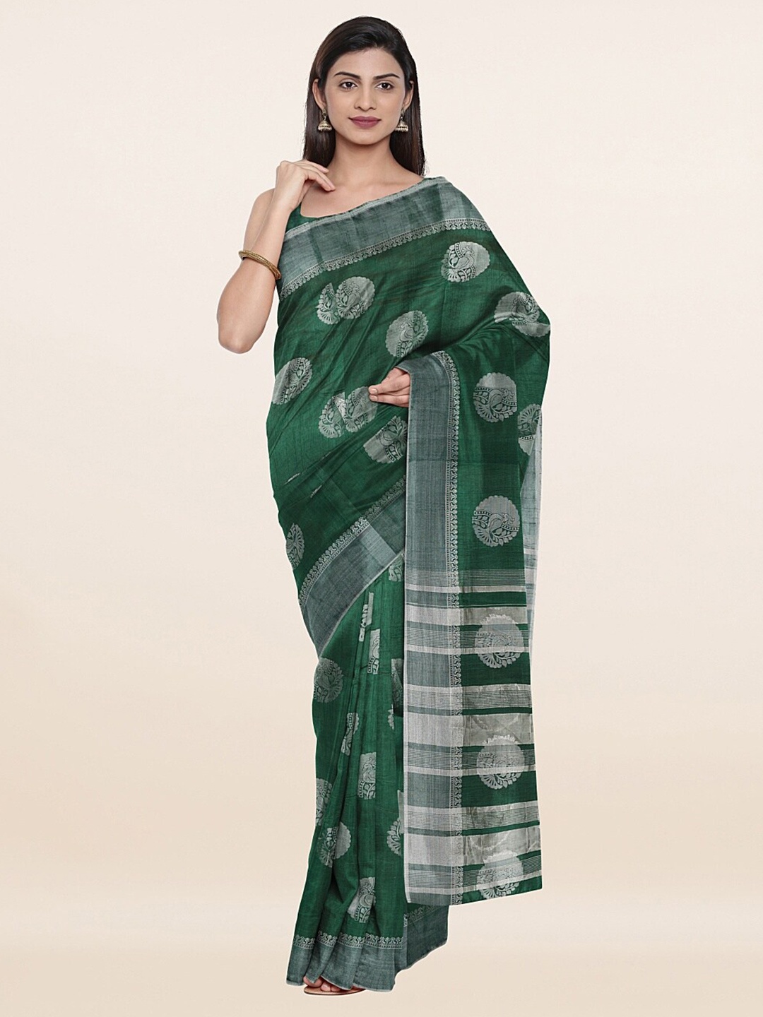

Pothys Green & Silver-Toned Woven Design Zari Jute Silk Saree