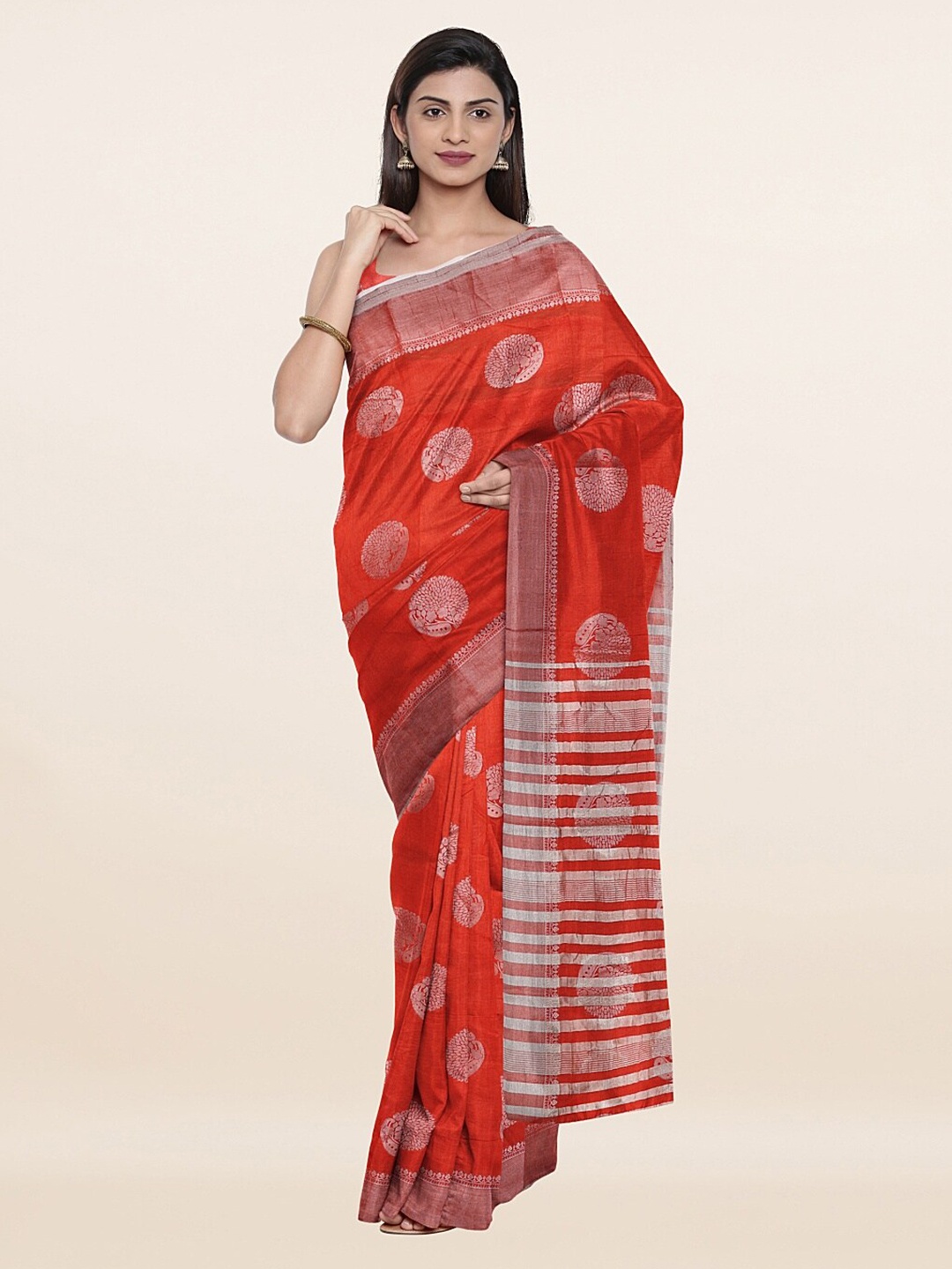 

Pothys Rust & Silver-Toned Woven Design Jute Silk Saree