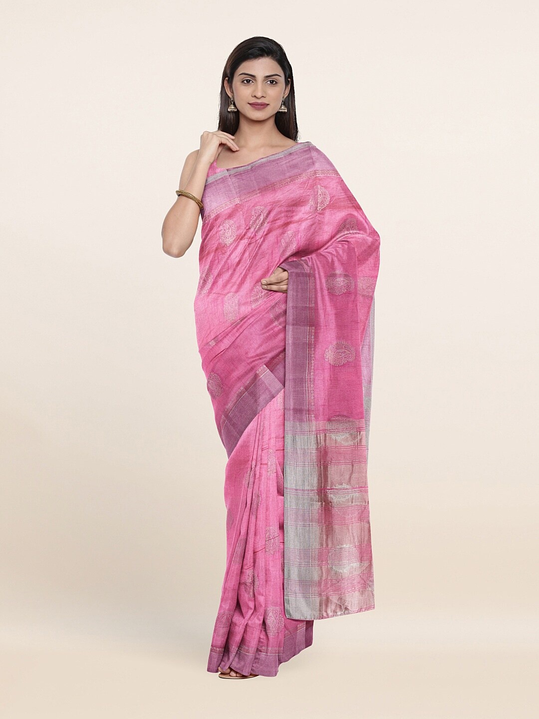 

Pothys Pink & Silver-Toned Woven Design Zari Jute Silk Saree