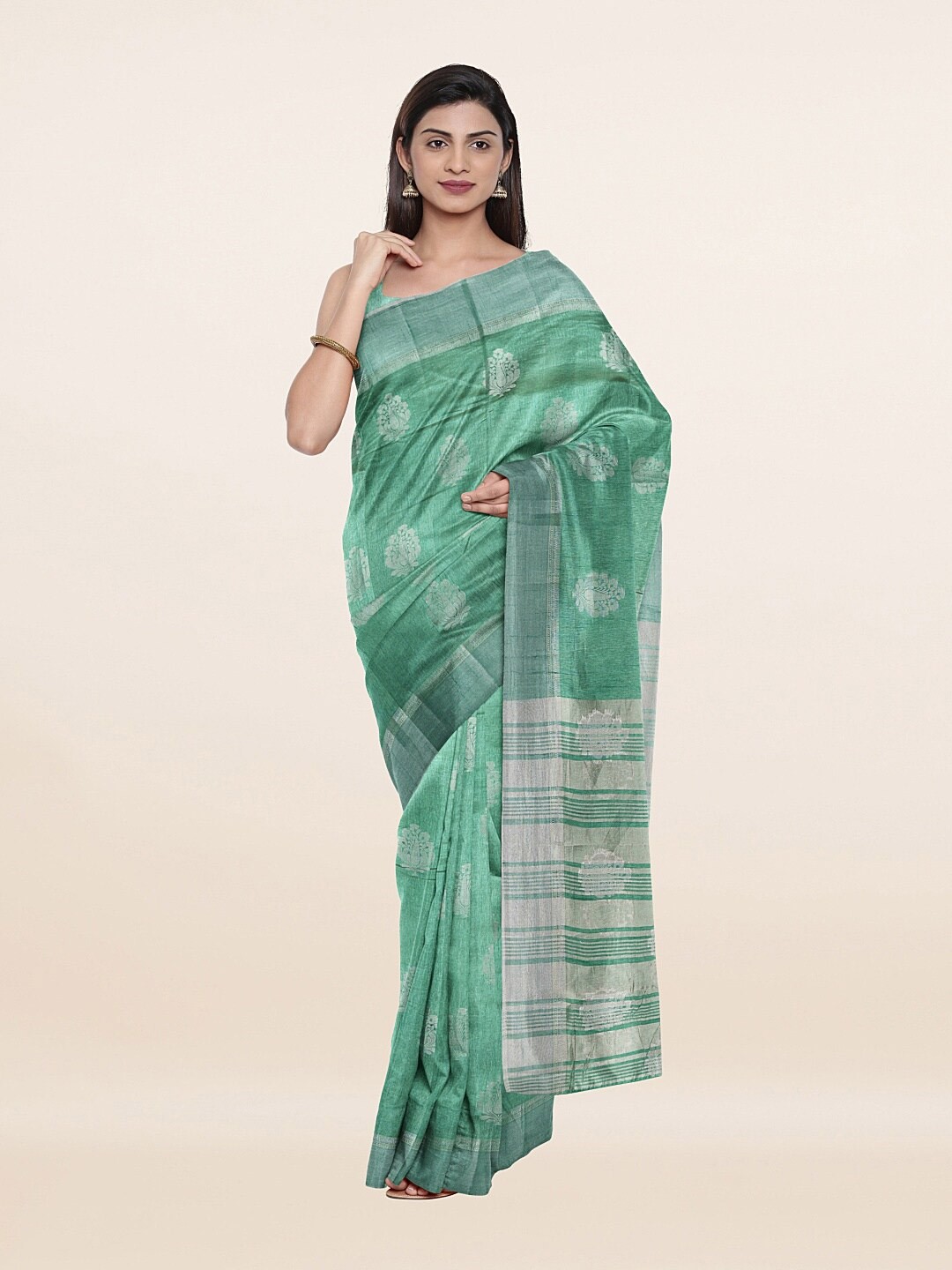 

Pothys Green & Silver-Toned Floral Zari Jute Silk Saree