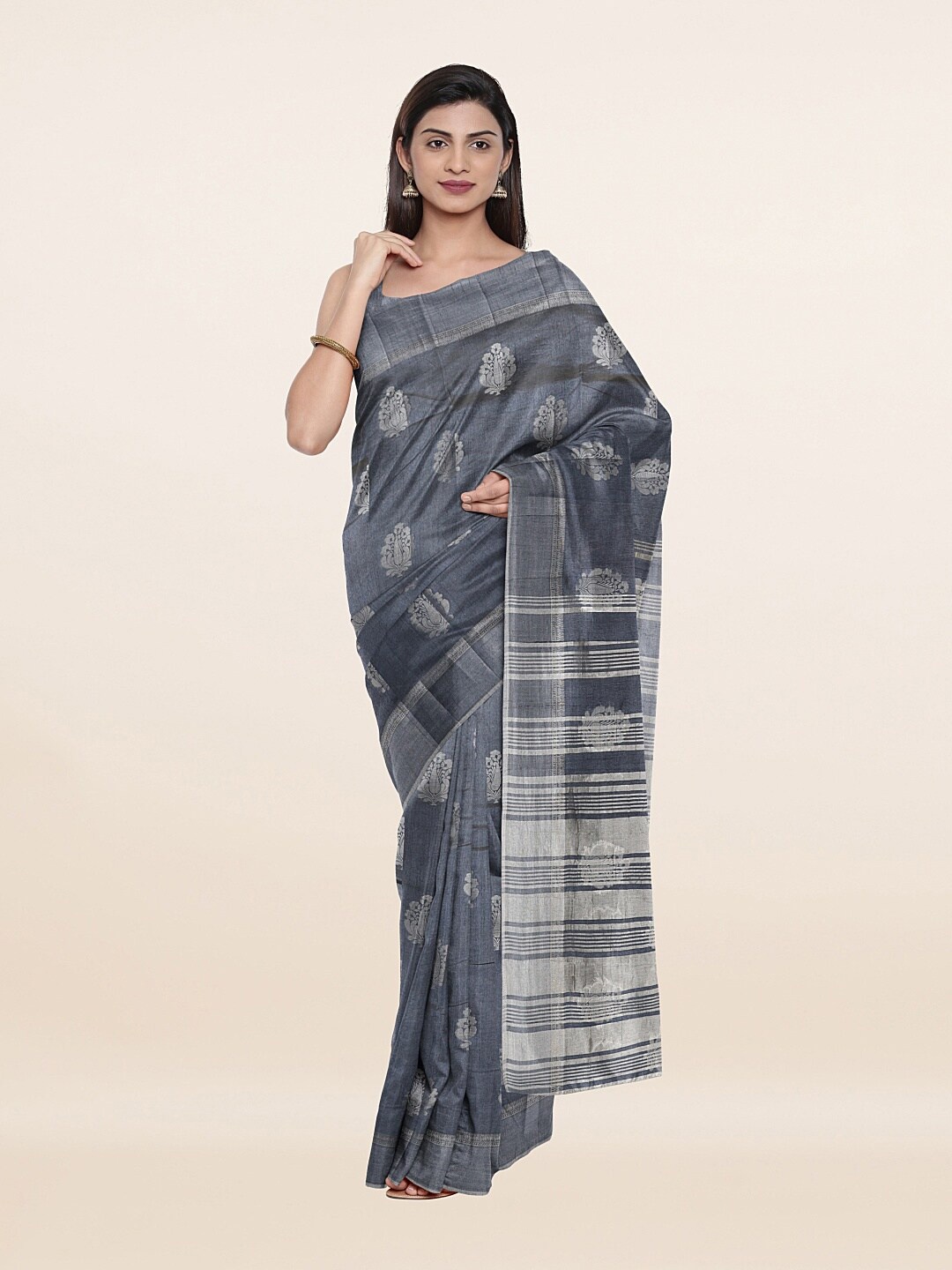 

Pothys Grey & Silver-Toned Woven Design Zari Jute Silk Saree