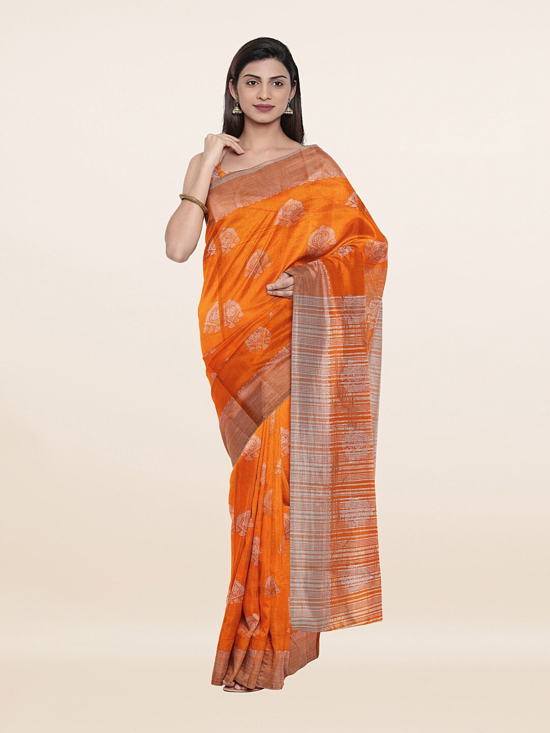 

Pothys Orange & Silver-Toned Woven Design Zari Jute Silk Saree