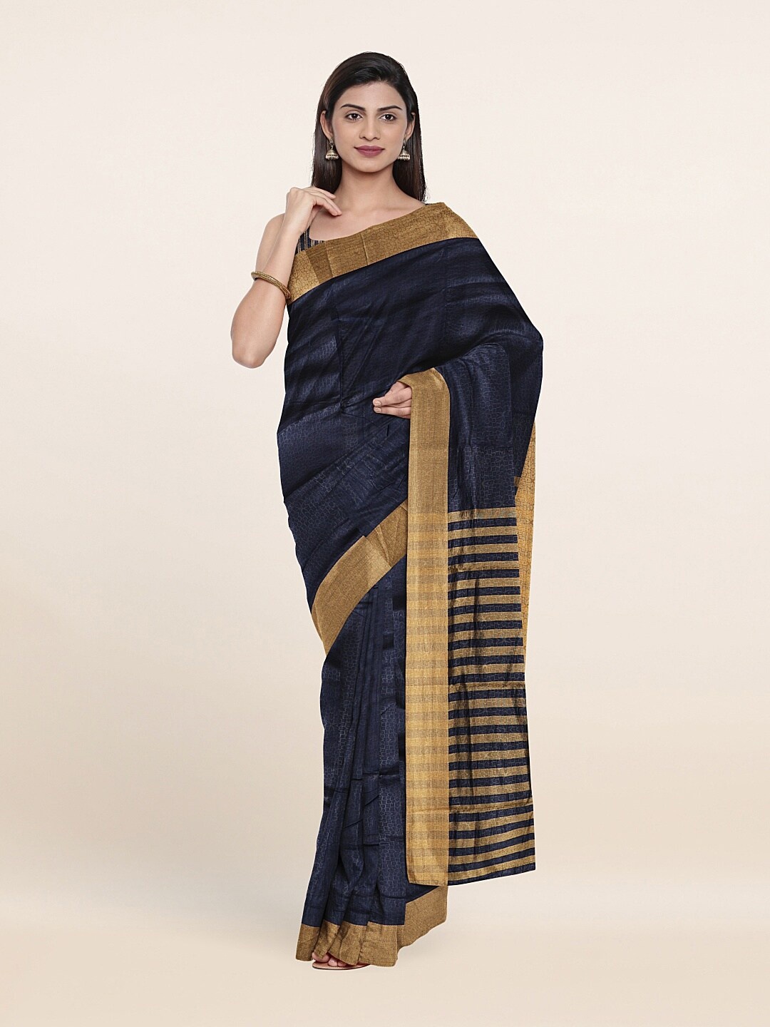 

Pothys Blue & Gold-Toned Striped Cotton Blend Saree