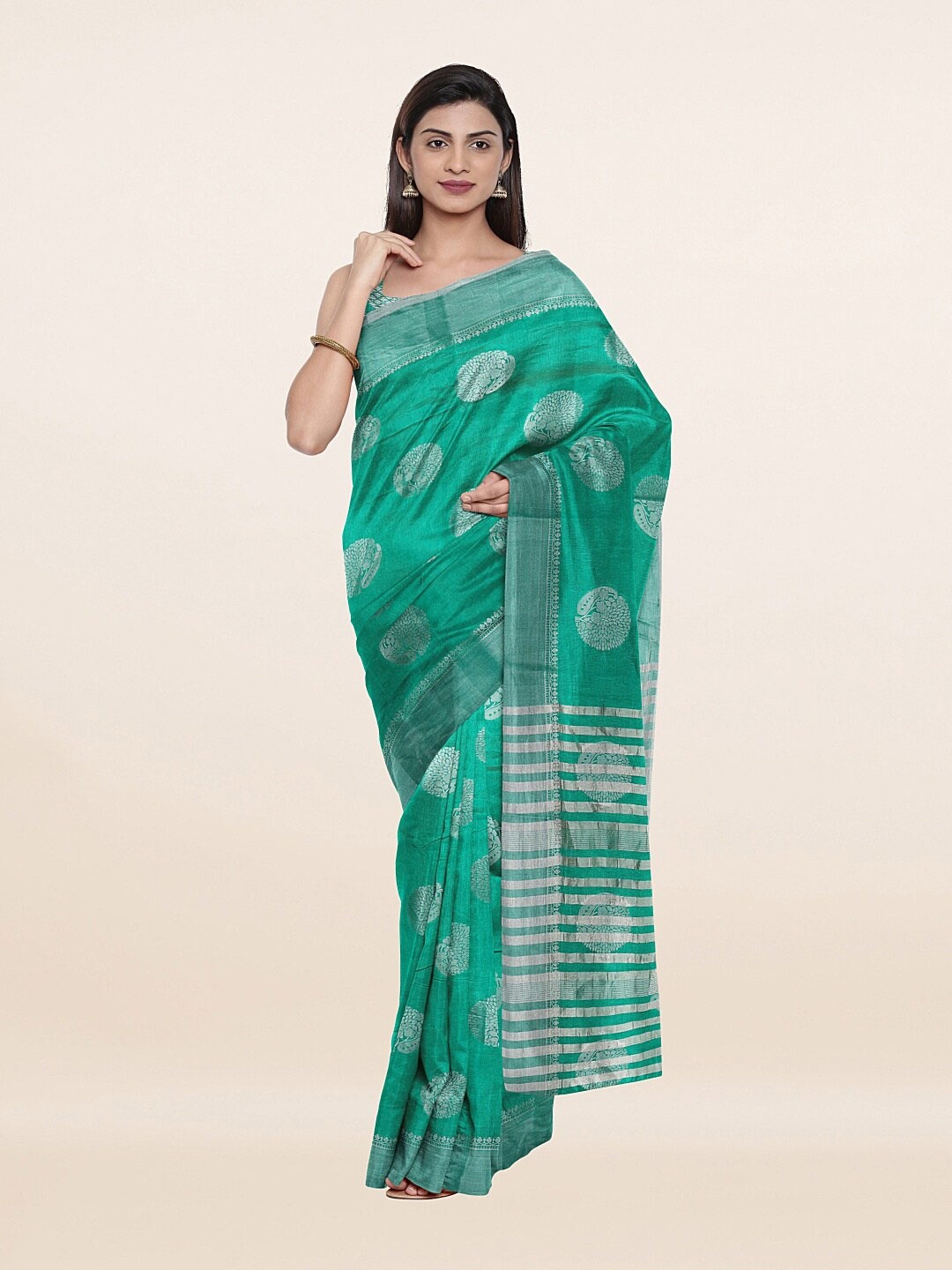 

Pothys Green & Silver Ethnic Motifs Jute Silk Saree