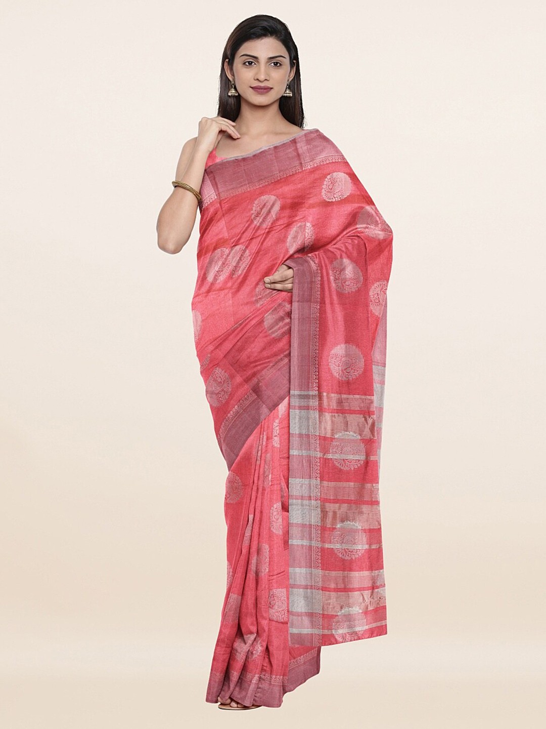 

Pothys Pink & Silver-Toned Woven Design Zari Jute Silk Saree