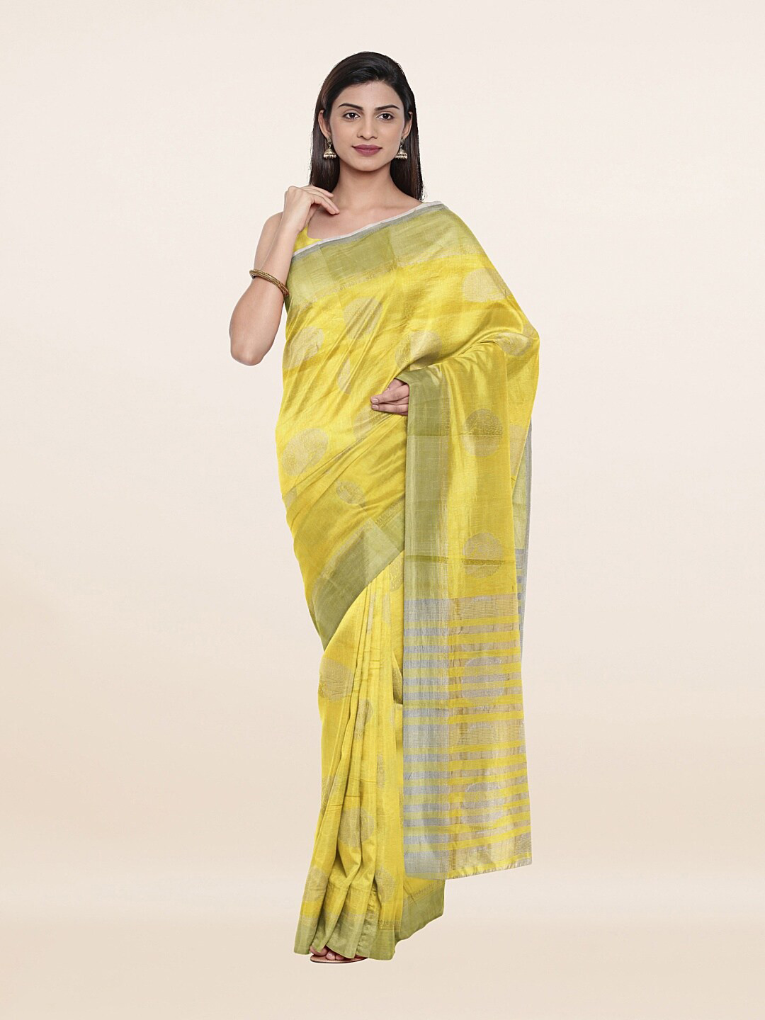 

Pothys Yellow & Silver-Toned Woven Design Zari Jute Silk Saree