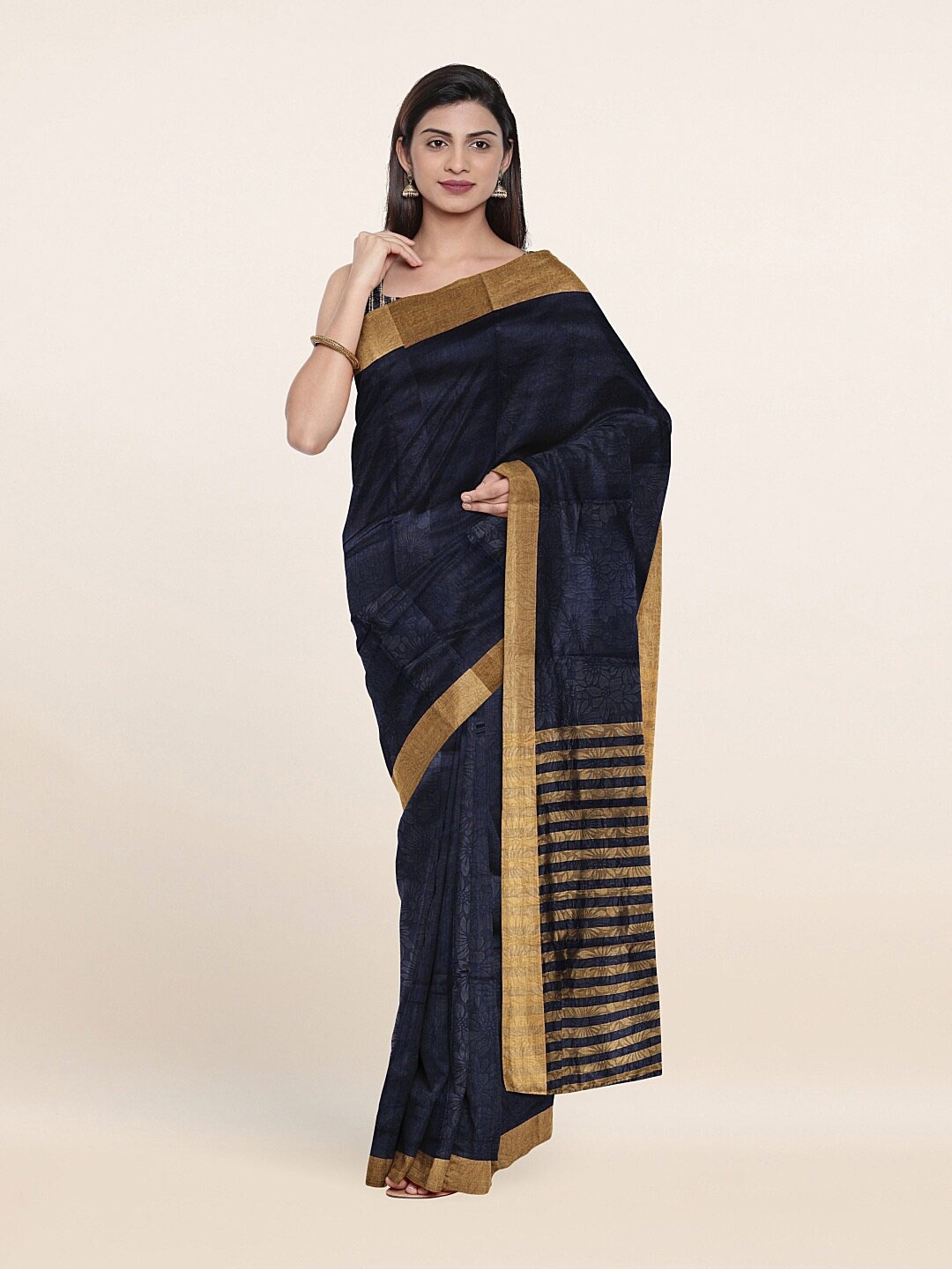 

Pothys Blue & Golden Floral Embossed Zari Saree