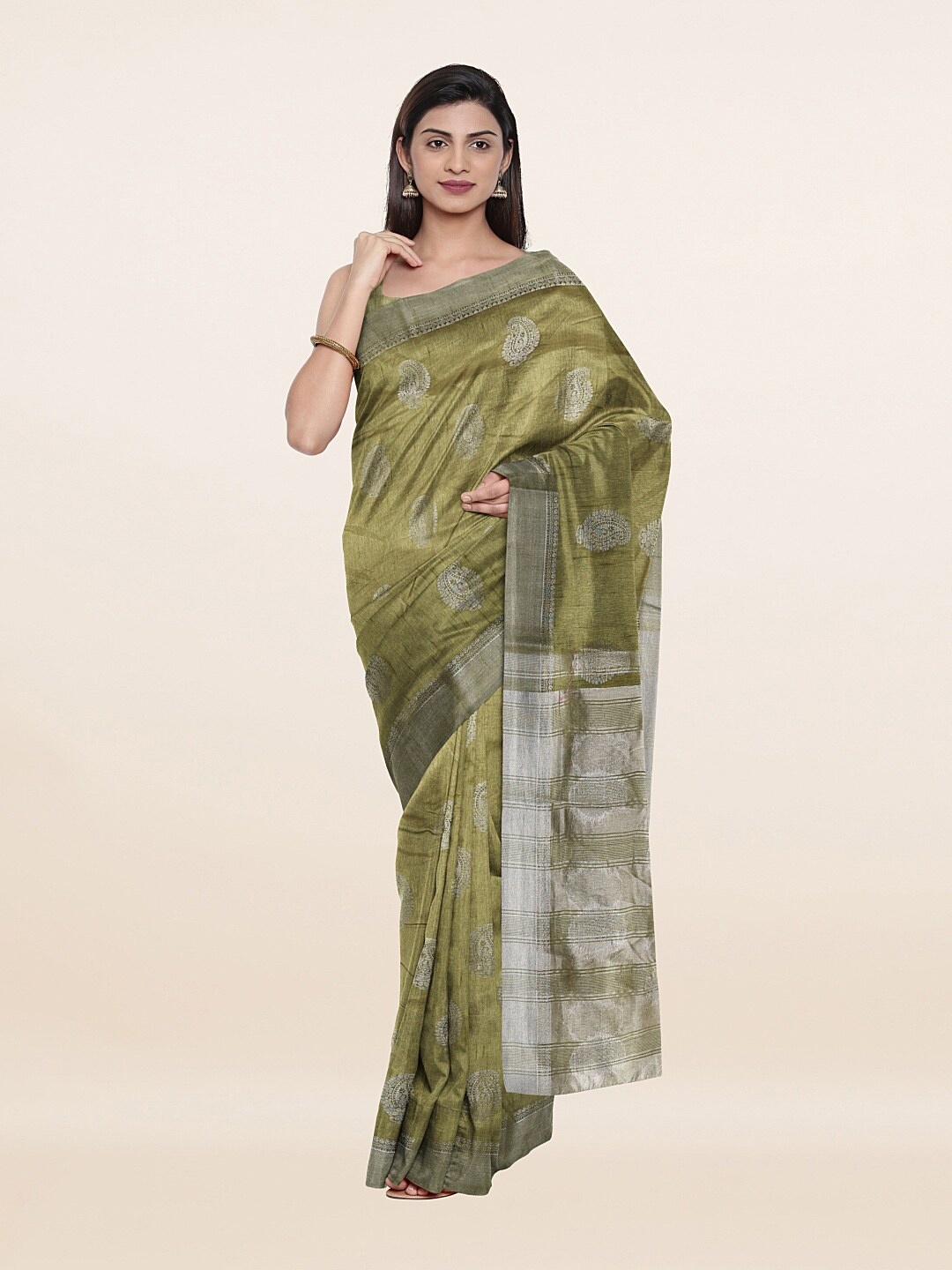 

Pothys Green & Silver-Toned Woven Design Jute Silk Saree