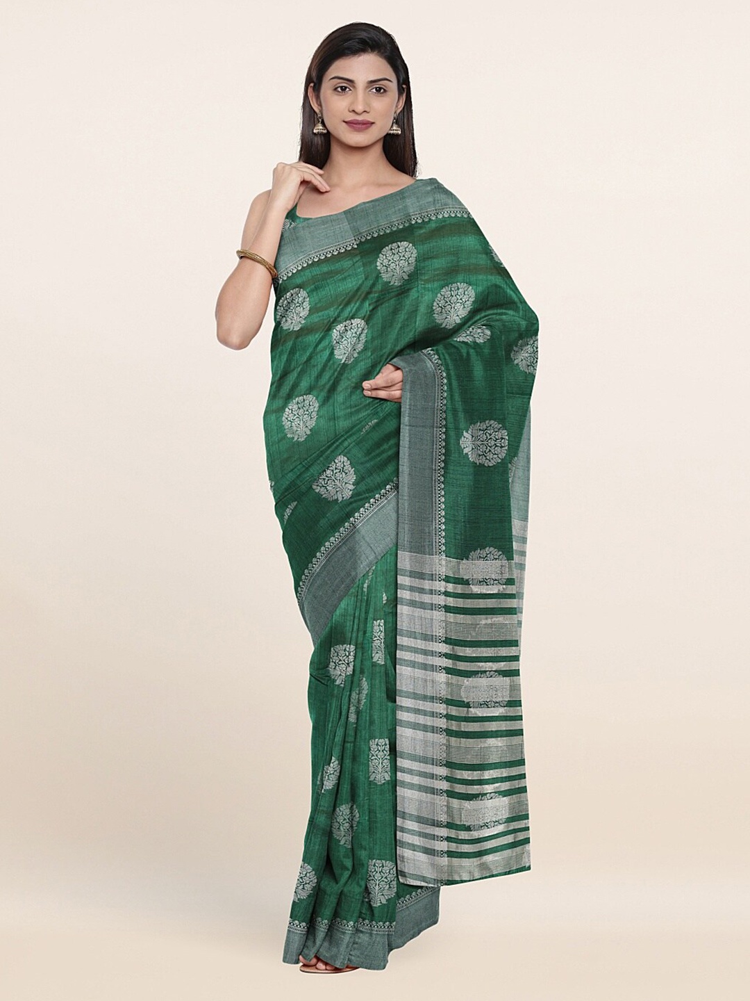 

Pothys Green & Silver-Toned Ethnic Motifs Zari Jute Silk Saree