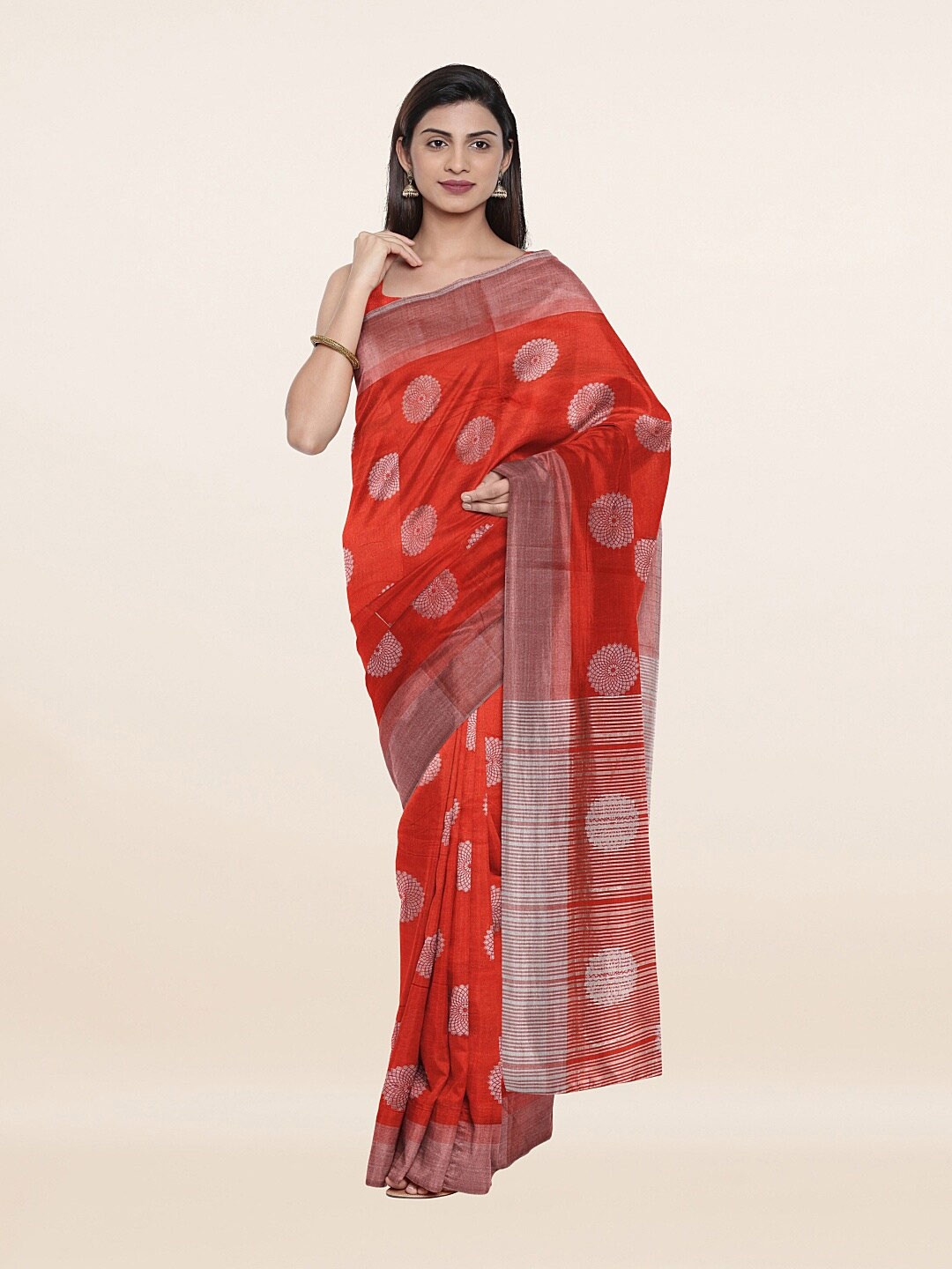 

Pothys Red & Silver-Toned Woven Design Zari Jute Silk Saree