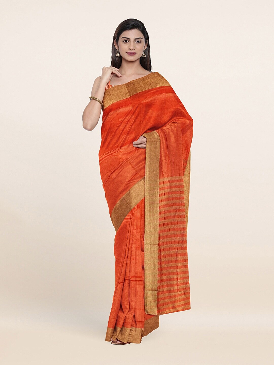 

Pothys Orange & Gold-Toned Woven Design Zari Saree