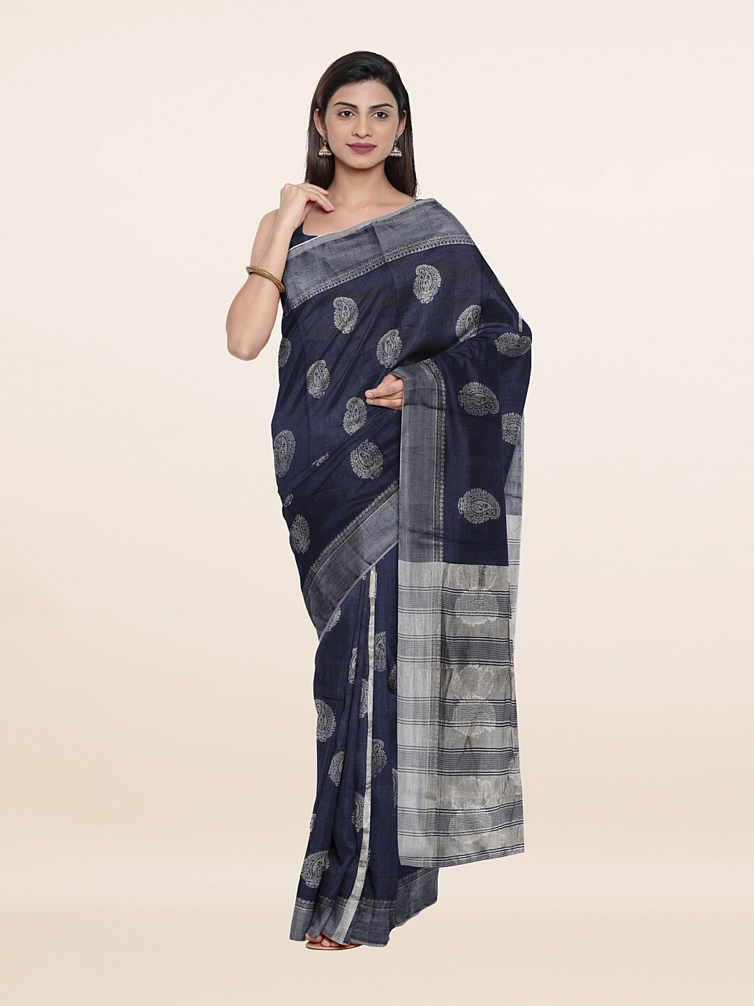 

Pothys Blue & Silver Ethnic Motifs Zari Jute Silk Saree