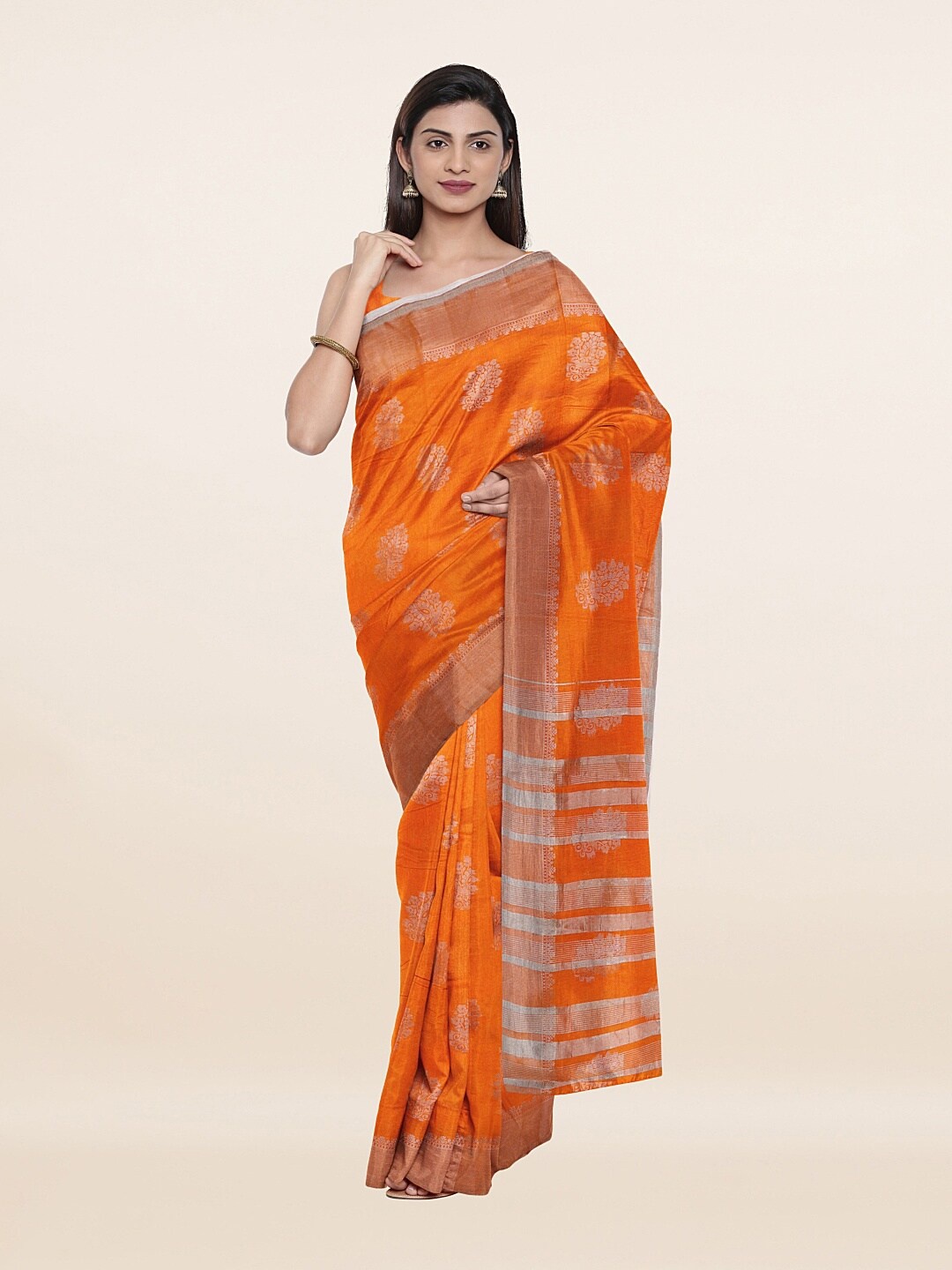 

Pothys Orange & Silver-Toned Woven Design Zari Jute Silk Saree