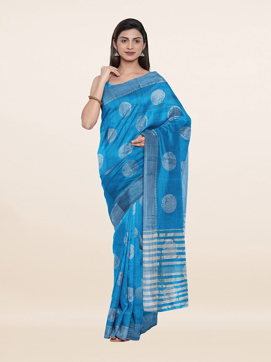 

Pothys Blue & Silver-Toned Ethnic Motifs Zari Jute Silk Saree