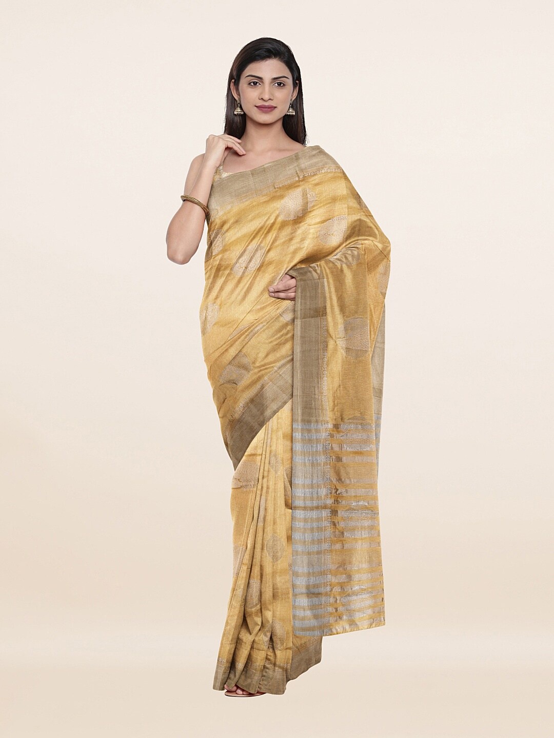 

Pothys Cream-Coloured & Silver-Toned Woven Design Zari Jute Silk Saree