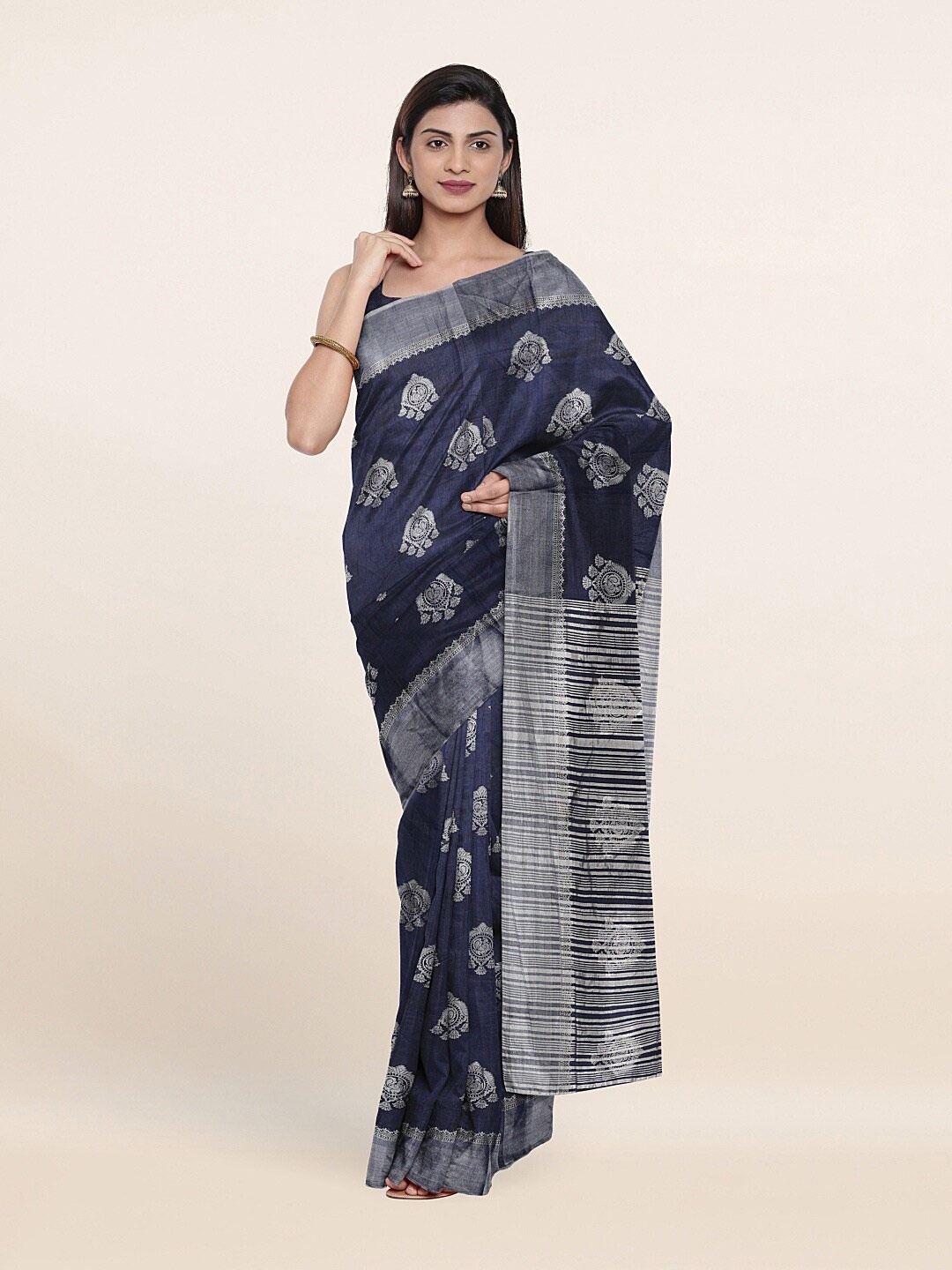 

Pothys Navy Blue & Silver-Toned Zari Jute Silk Saree