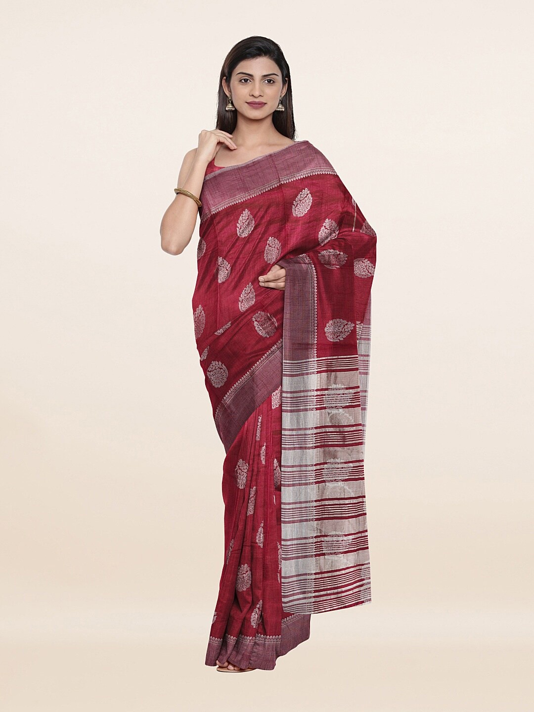 

Pothys Purple & Silver-Toned Ethnic Motifs Zari Jute Silk Saree