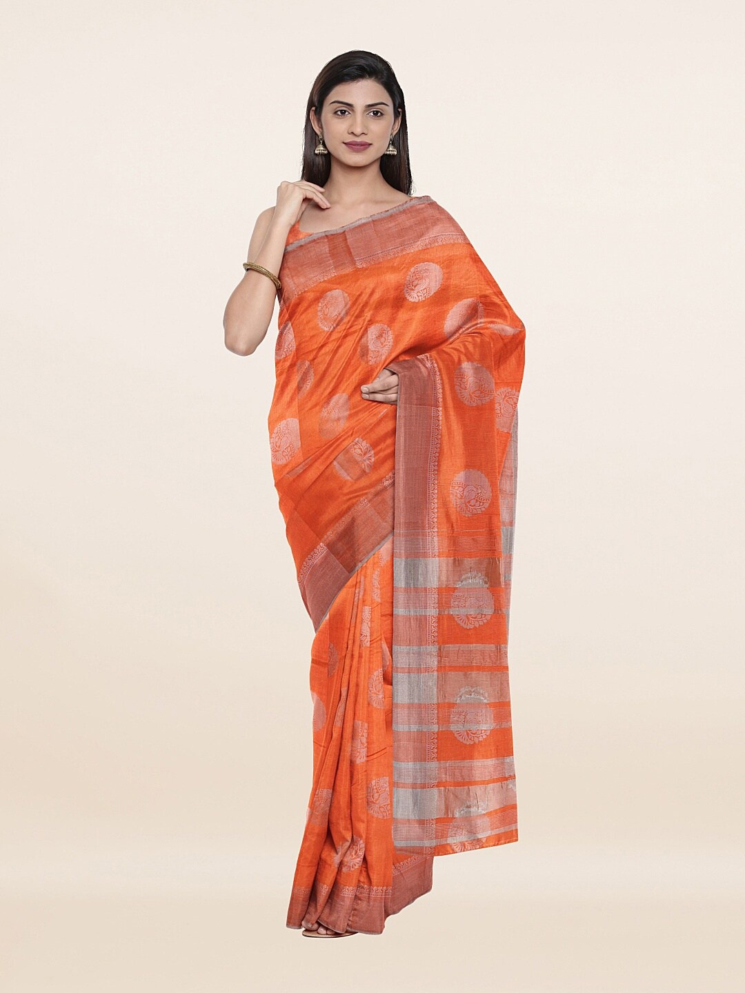 

Pothys Orange & Silver-Toned Woven Design Zari Jute Silk Saree