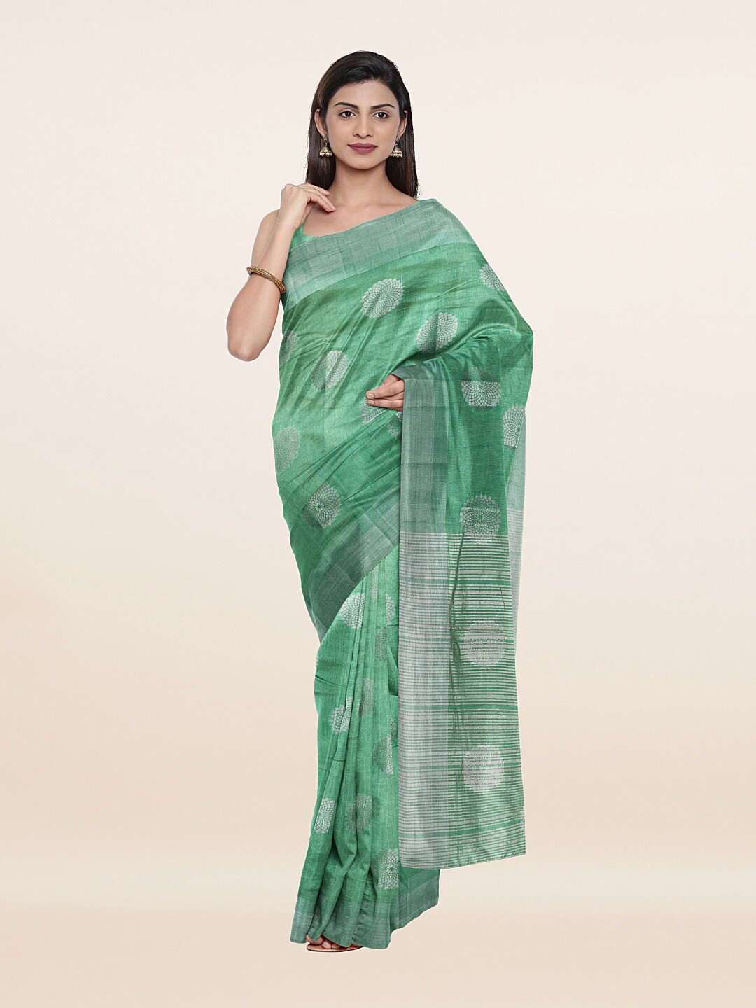 

Pothys Green & Silver-Toned Woven Design Zari Jute Silk Saree